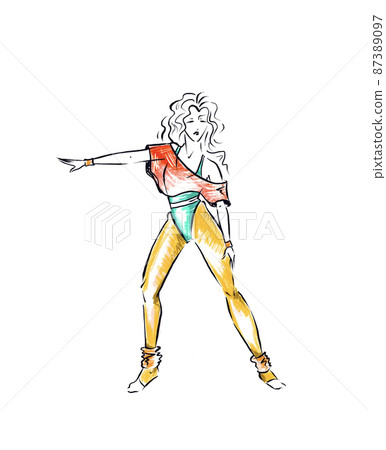 One woman in sportswear and pose of retro 80s aerobics, fashion sketch color illustration isolated 87389097