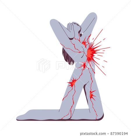 Woman on her knees holding her head in mental pain Woman on her knees holding her head in mental pain 87390194