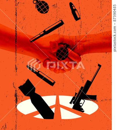 Human hands on red background with drawings of falling bombs, rockets. Ukraine vs Russia in world war crisis concept. Artwork Human hands on red background with drawings of falling bombs, rockets. Ukraine vs Russia in world war crisis concept. Artwork 87390485
