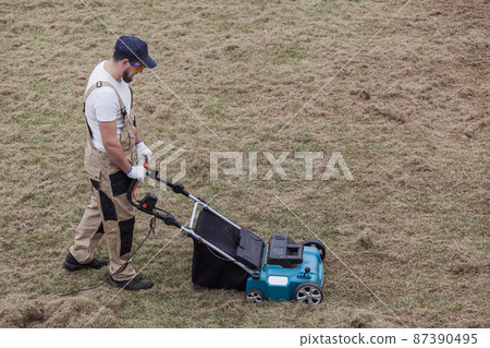 Scarifying lawn with scarifier, Man gardener scarifies the lawn and removal of old grass Scarifying lawn with scarifier, Man gardener scarifies the lawn and removal of old grass 87390495