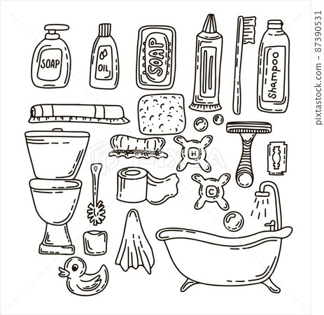 Bath doodle vector illustration. Hand draw set of home bathroom hygiene accessories. Sketch icons for hotels, plumbing and cosmetics stores Bath doodle vector illustration. Hand draw set of home bathroom hygiene accessories. Sketch icons for hotels, plumbing and cosmetics stores 87390531