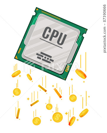 Computer CPU Chip and Golden Dollar Coins. 87390666