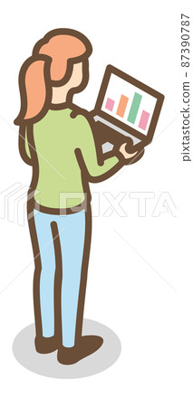 Woman looking at data chart on laptop screen. Isometric icon 87390787