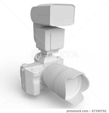 Nonexistent DSLR camera with lens and flash speedlight on white monochrome 87390792