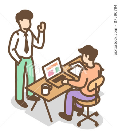 Man talking to colleague sitting at desk. Team communication icon 87390794