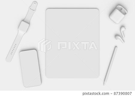 Computer tablet with stylus, smartwatch, phone and headphone on white background 87390807