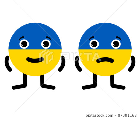 Two characters in the form of national Ukrainian flag. Happy and sad cartoon emoticon is depicted as Ukraine. Cute emoji faces symbolizing the situation in the country during military operations. 87391168