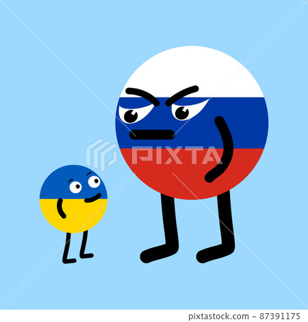 The small country of Ukraine looks kindly at the big and evil Russia. Two geopolitic characters opposite each other. Concept of Russian aggression against the Ukrainian peaceful nation. Prevent war. 87391175