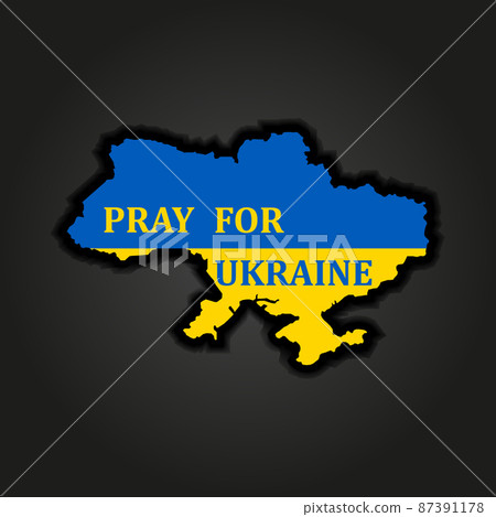 Vector Illustration of the Pray for Ukraine. Concept save Ukraine from Russia and please stop war. Ukrainian map in the color of the flag. Pray For Ukraine peace. The whole world praying for Ukraine. 87391178