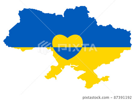 Ukraine map with heart icon. Abstract patriotic ukrainian flag with love symbol. Blue and yellow conceptual idea - with Ukraine in his heart. Support for the country during the occupation. Stop war. 87391192