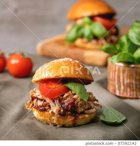 Set of homemade mini burgers with stew beef 87392142