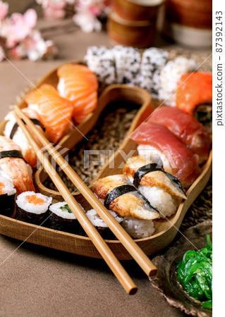 Japanese dish sushi and rolls rice with fish 87392143