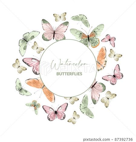 Round frame with watercolor illustrated butterflies. Hand drawn moth and insects. Design for packaging, label and greeting card. 87392736