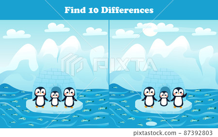 Find ten differences printable worksheet with arctic penguins and north pole landscape for kids and children books 87392803