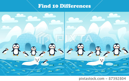 Find ten differences printable worksheet with arctic penguinsand puffins and north pole landscape for kids 87392804