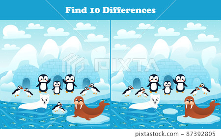 Find ten differences printable worksheet with arctic penguins, seals and puffins and north pole landscape for kids 87392805