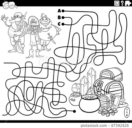 maze with cartoon pirates and treasure coloring book page maze with cartoon pirates and treasure coloring book page 87392826
