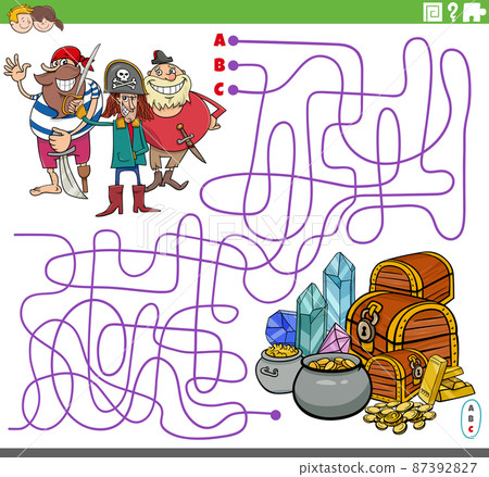 maze game with cartoon pirates characters and treasure maze game with cartoon pirates characters and treasure 87392827