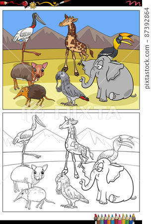 cartoon wild animals comic characters group coloring book page cartoon wild animals comic characters group coloring book page 87392864