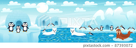 Polar landscape with cute cartoon animals with fish and iceberg, arctic scene with polar bear and penguins 87393072
