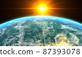 Orange sunrise on the earth rotate in space with star in universe. World realistic atmosphere 3D volumetric clouds texture surface.  Elements of this image are furnished by NASA 87393078