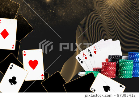 Four aces and stacks of colorful chips against black sparkling background. Collage with copy space for your text or images. Poker, casino. Close-up 87393412