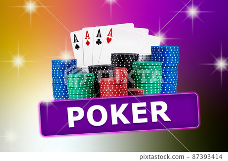 Four aces, playing cards, behind stacks of chips against colorful sparkling background. Collage with inscription poker. Gambling, casino. Close-up 87393414