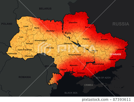 War in Ukraine on map, illustration of general Russian invasion 87393611