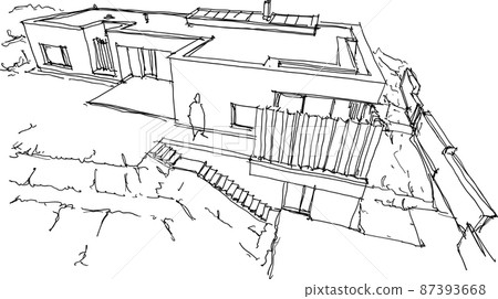 hand drawn architectural sketches of modern one story detached house with flat roof and people around hand drawn architectural sketches of modern one story detached house with flat roof and people around 87393668