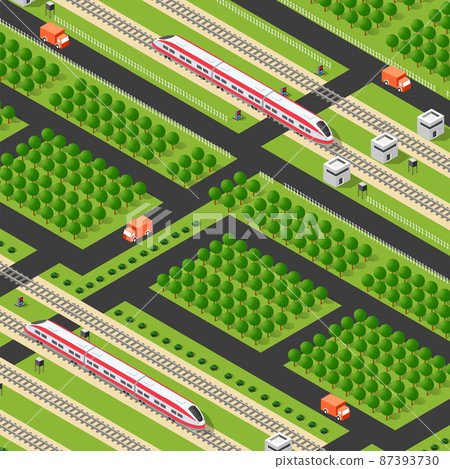 Fast modern high-speed train and cars. Vector flat 3d isometric illustration 87393730