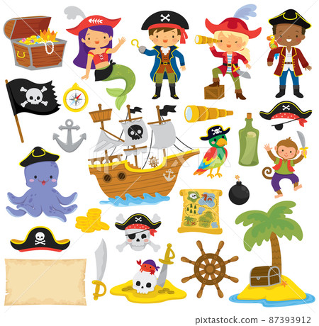 Pirates clipart set with pirate kids and various pirate items. 87393912