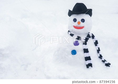 Snowman in a hat and a striped scarf. Winter fun. Snowman in a hat and a striped scarf. Winter fun. 87394156