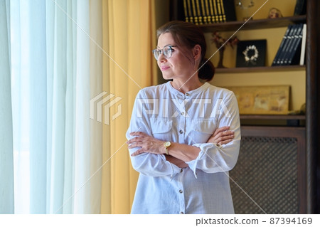 Portrait of confident successful middle aged woman looking in profile Portrait of confident successful middle aged woman looking in profile 87394169