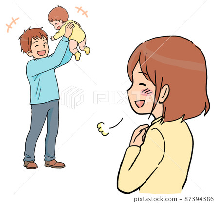 一位母親看到爸爸和孩子玩耍時鬆了一口氣的插圖 87394386