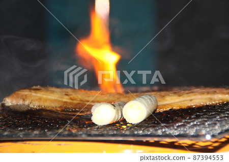 BBQ outdoor BBQ charcoal grilled green onion green onion camp flame BBQ outdoor BBQ charcoal grilled green onion green onion camp flame 87394553