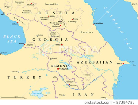 The Caucasus, or Caucasia, political map. A region between the Black Sea and the Caspian Sea, mainly occupied by Armenia, Azerbaijan, Georgia, and parts of Southern Russia, with disputed areas. Vector 87394783