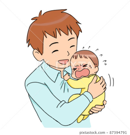 Illustration of a dad who smiles at a crying baby 87394791