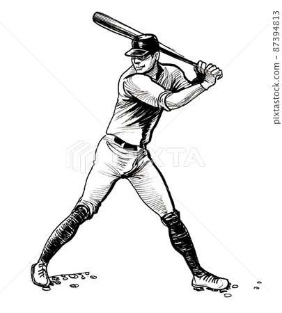 Baseball player with a bat. Ink black and white drawing Stock