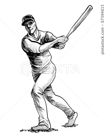 Baseball player. Ink black and white drawing - Stock Illustration