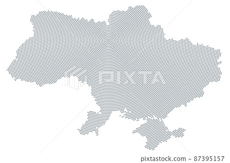 Ukraine map, radial dot pattern. Gray dots going from the capital Kyiv (also called Kiev) outwards and form the silhouette of the Eastern European country. Isolated illustration on white background. 87395157