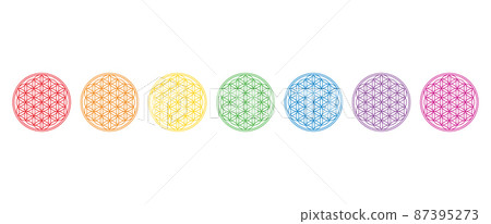 Seven rainbow colored Flowers of Life. Geometric figures and ancient spiritual symbols of Sacred geometry. Overlapping circles forming mandalas, and flower-like symmetrical patterns. Illustration. 87395273