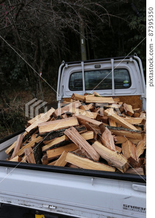 Freshly cracked oak firewood packed in a light tiger carrier Freshly cracked oak firewood packed in a light tiger carrier 87395350