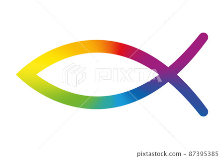 Rainbow colored sign of the fish symbol. Jesus fish, symbol of Christian art, consisting of 2 intersecting arcs, also called ichthys or ichthus, the Greek word for fish. Isolated illustration. Vector. 87395385
