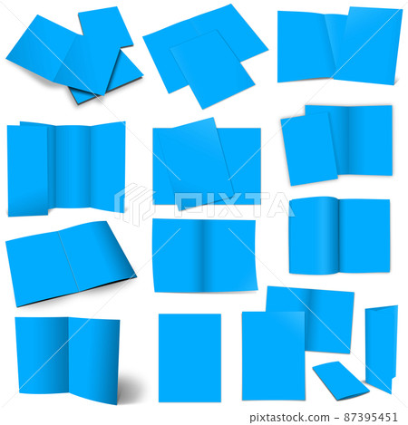 Thirteen light blue brochures for layouts and presentation design. 87395451
