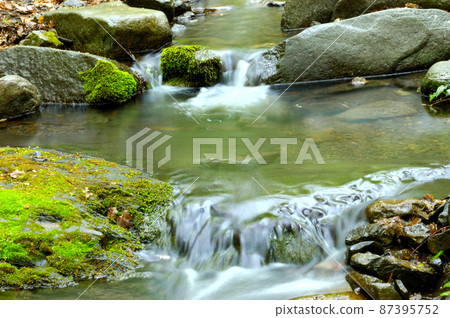 Long exposure view of a hidden river in Crimea, Ukraine. A stone set against a blurred water pattern is ideal for background use. Long exposure view of a hidden river in Crimea, Ukraine. A stone set against a blurred water pattern is ideal for background use. 87395752