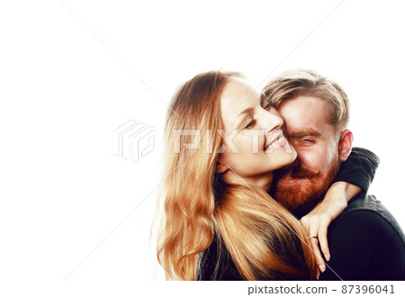 young tender couple, man and woman in love isolated on white, fooling around real modern hipster marriage, lifestyle people concept 87396041