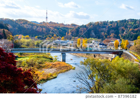 從樹木之城片平町的梯田峭壁看廣瀨川上游，深秋，廣瀨川 87396182