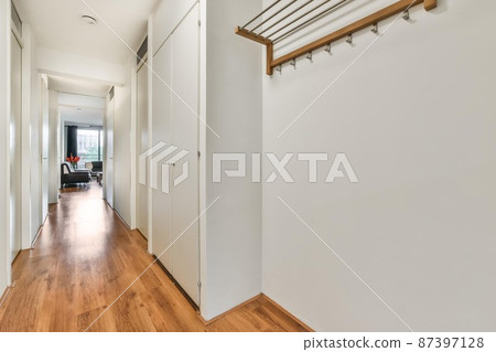 Long spacious corridor in white style with white doors and parquet floor Long spacious corridor in white style with white doors and parquet floor 87397128