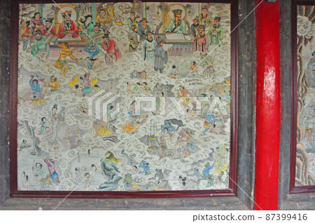 Mural painting of the pier corridor of the Taoist temple, Hokuzenji, located in Kitayama, Xining City, Qinghai Province, China Mural painting of the pier corridor of the Taoist temple, Hokuzenji, located in Kitayama, Xining City, Qinghai Province, China 87399416