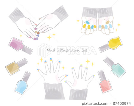 Nail color variations and female hand illustration material set 87400974